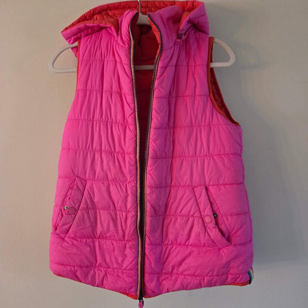 Boden Reversible Puffer Vest Pink Orange Hooded Quilted Gilet US 4 UK 8 Sporty